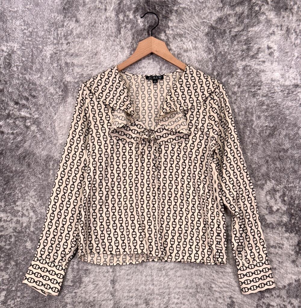 J Crew Goldie Top XS Womens Satin Chain Link Print Ruffle Blouse